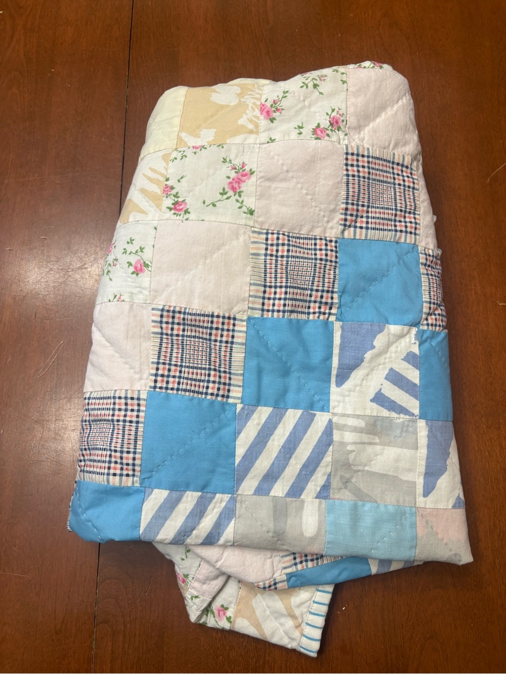Handmade Patchwork Quilt Throw in Blue and Cream